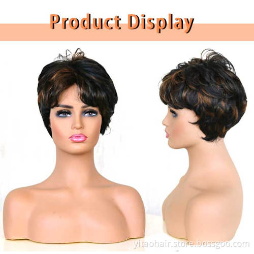 2021 Amazon Pixie Cut Synthetic Wig Brown Blend Black Short Wig with Bangs Wavy Highlight Wigs for African American Natural Hair